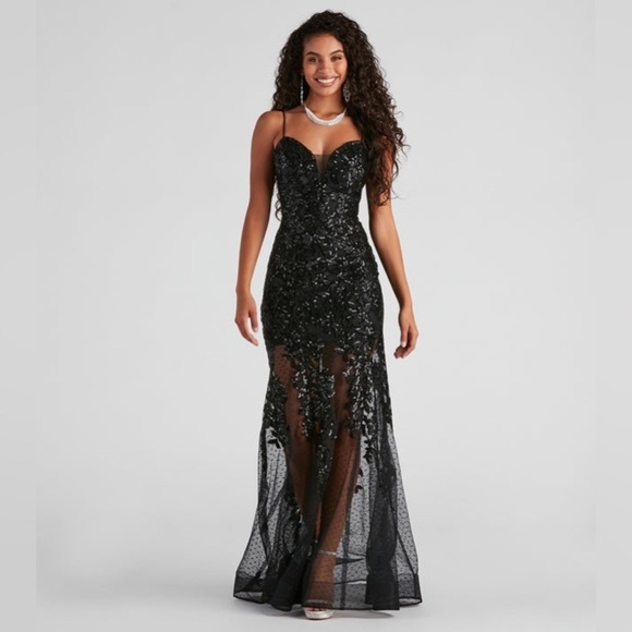 Windsor Livia Sequin Mesh Mermaid Dress Black Junior Size 5/6 - Picture 3 of 15